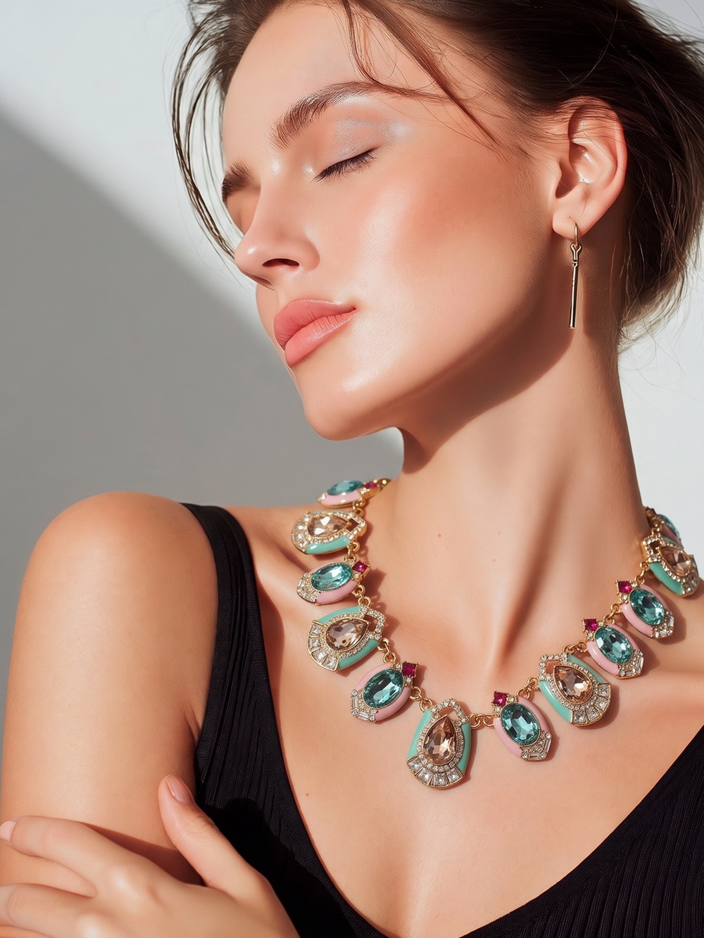 Catwalk Jon Gold-Tone Teal Statement Necklace set with Pink Accents